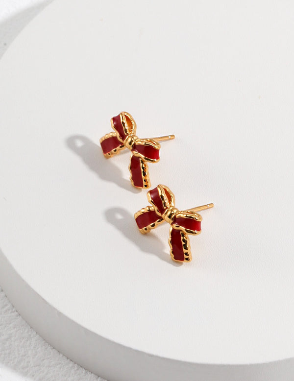 Red Charm Bowtie Stud Earring with Cold Enamel