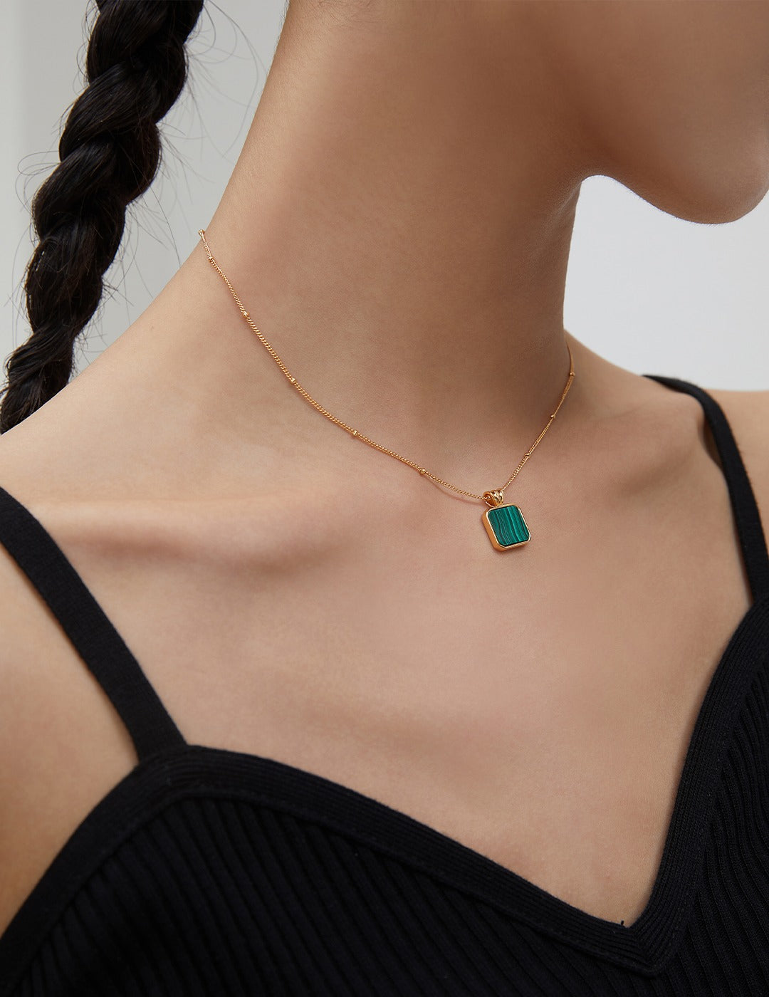 Oasis Square Malachite Pendant Necklace crafted in 18ct gold vermeil with a green malachite stone, featuring a sleek, elegant design.