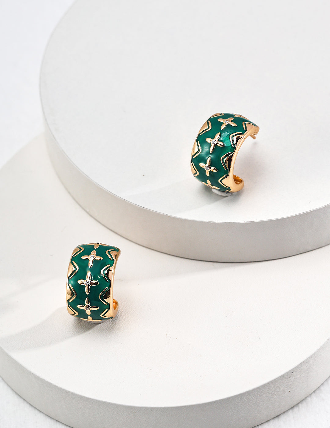 Vintage-inspired Charlotte Vert Earrings with 18ct gold vermeil, featuring green cold enamel and sparkling cubic zirconia, combining timeless elegance with modern sophistication.