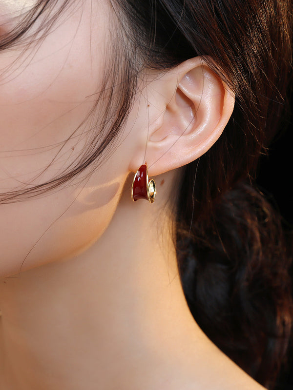 Gold-tone Half Hoop Earring With Red Cold Enamel