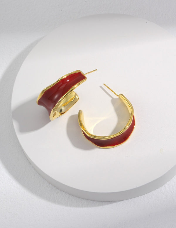 Gold-tone Wide Hoop Earring With Red Cold Enamel